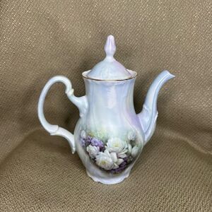 Vintage Bernadotte Porcelain Coffee Tea Pot Czech Republic Purple Roses 7.5”